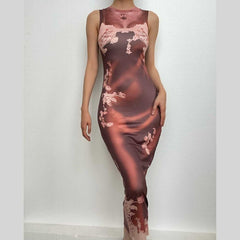 Flower print contrast sleeveless crewneck midi dress-final-sale