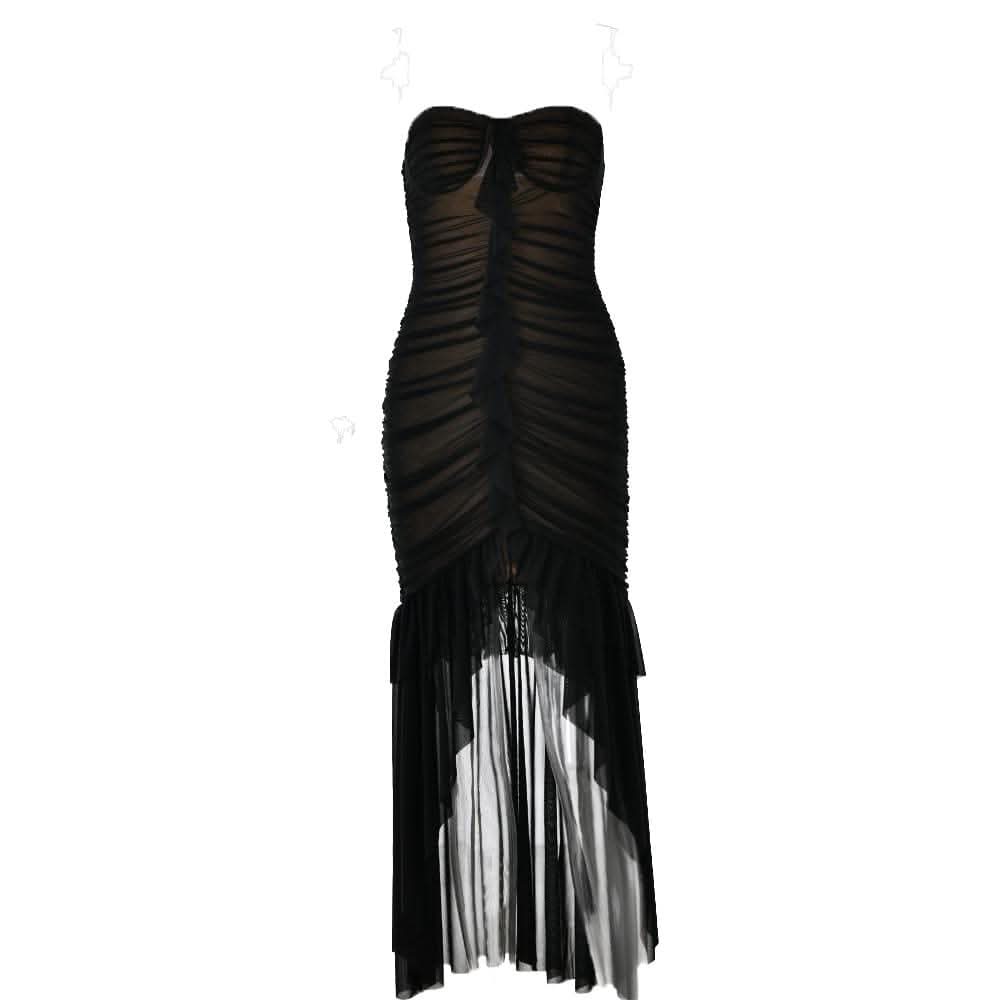 Sweetheart neck ruched ruffle tube midi dress-final-sale