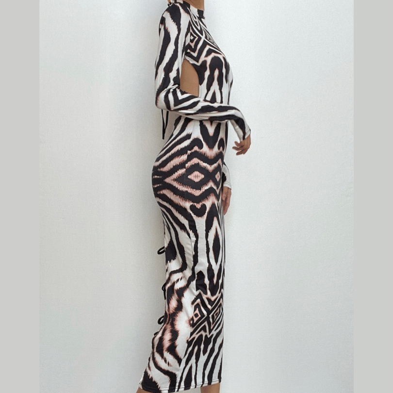Backless self tie long sleeve tiger print contrast midi dress-final-sale