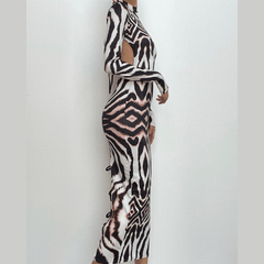 Backless self tie long sleeve tiger print contrast midi dress-final-sale