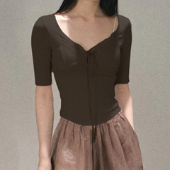 Lace hem self tie short sleeve solid top