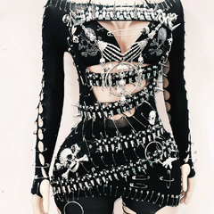 Off shoulder skull applique hollow out cut out mini dress