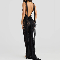 U neck flower applique lace backless cami maxi dress
