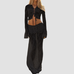 Long flared ruched self tie lace see through maxi skirt set