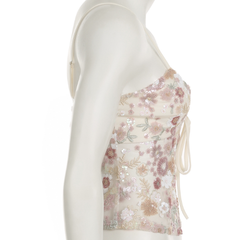 V neck glitter flower pattern self tie cami top