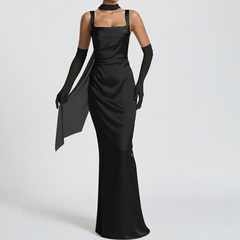 Square neck gloves ruched cami maxi dress