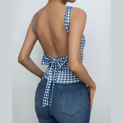 Sleeveless plaid contrast backless bowknot top