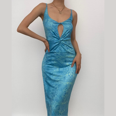 Ruched knotted slit print hollow out backless cami cut out midi dress-final-sale