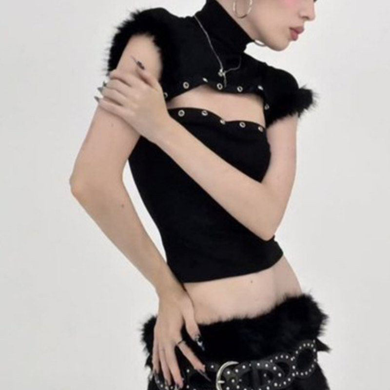 High neck hollow out short sleeve fluffy cut out top