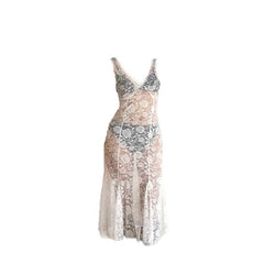 Sleeveless V neck rose pattern lace see through midi dress-final-sale