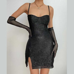 Textured mesh gloves sweetheart neck zip-up slit cami mini dress-final-sale