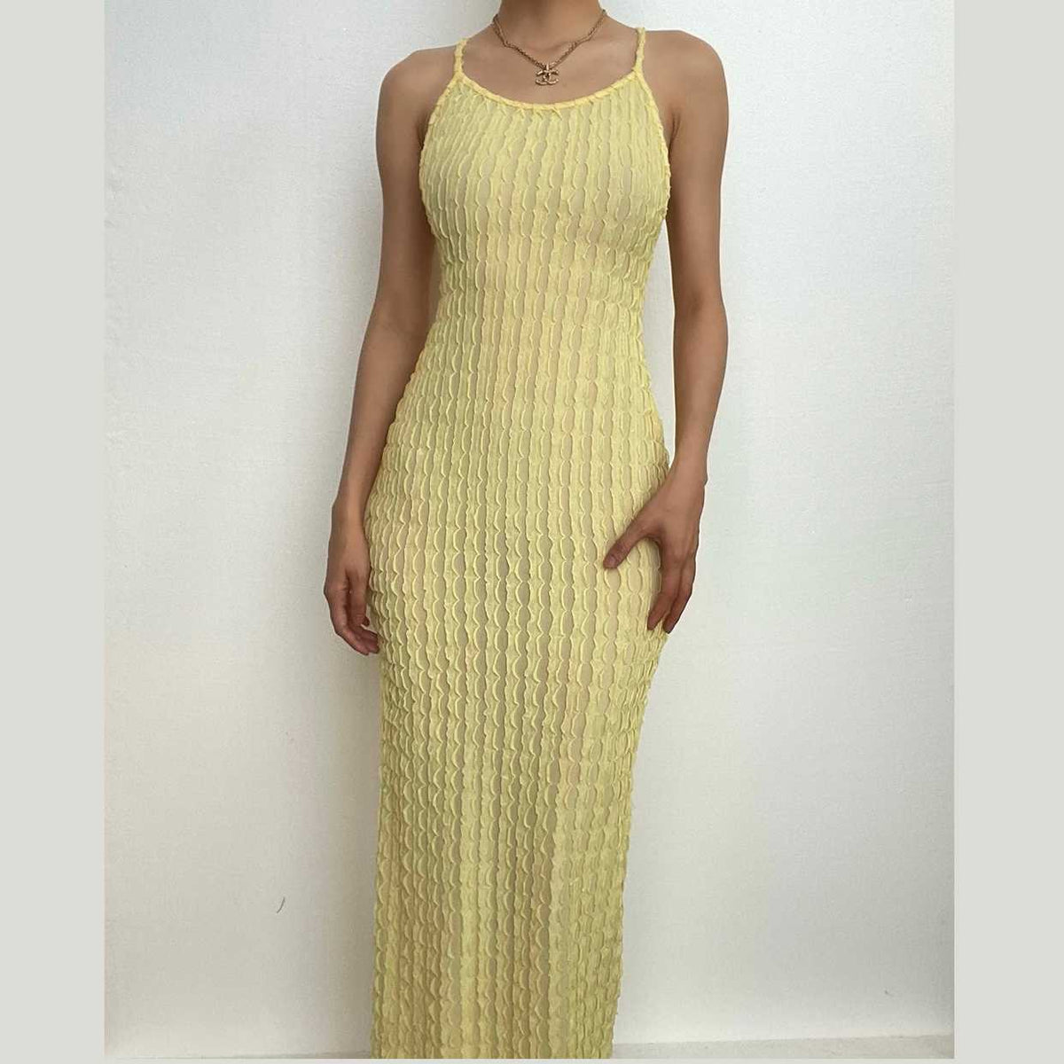 Cross back self tie backless u neck textured solid maxi dress-final-sale