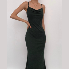Sleeveless solid ribbed cowl neck backless ruffle maxi dress-final-sale