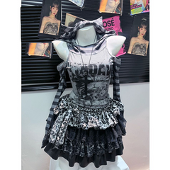 Hoodie long sleeve hollow out leopard print ruffle mini skirt set