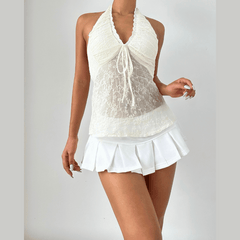 Halter v neck lace hem smocked top
