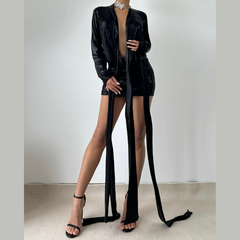 Long sleeve deep v neck metallic mini skirt set