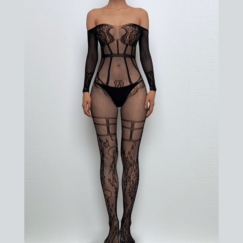 Long sleeve halter off shoulder lace bodystocking