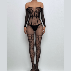 Long sleeve halter off shoulder lace bodystocking