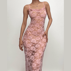 Ruffle lace stitch see through solid cami maxi dress-final-sale
