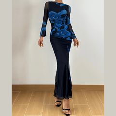 Long sleeve flower print mesh ruffle maxi dress
