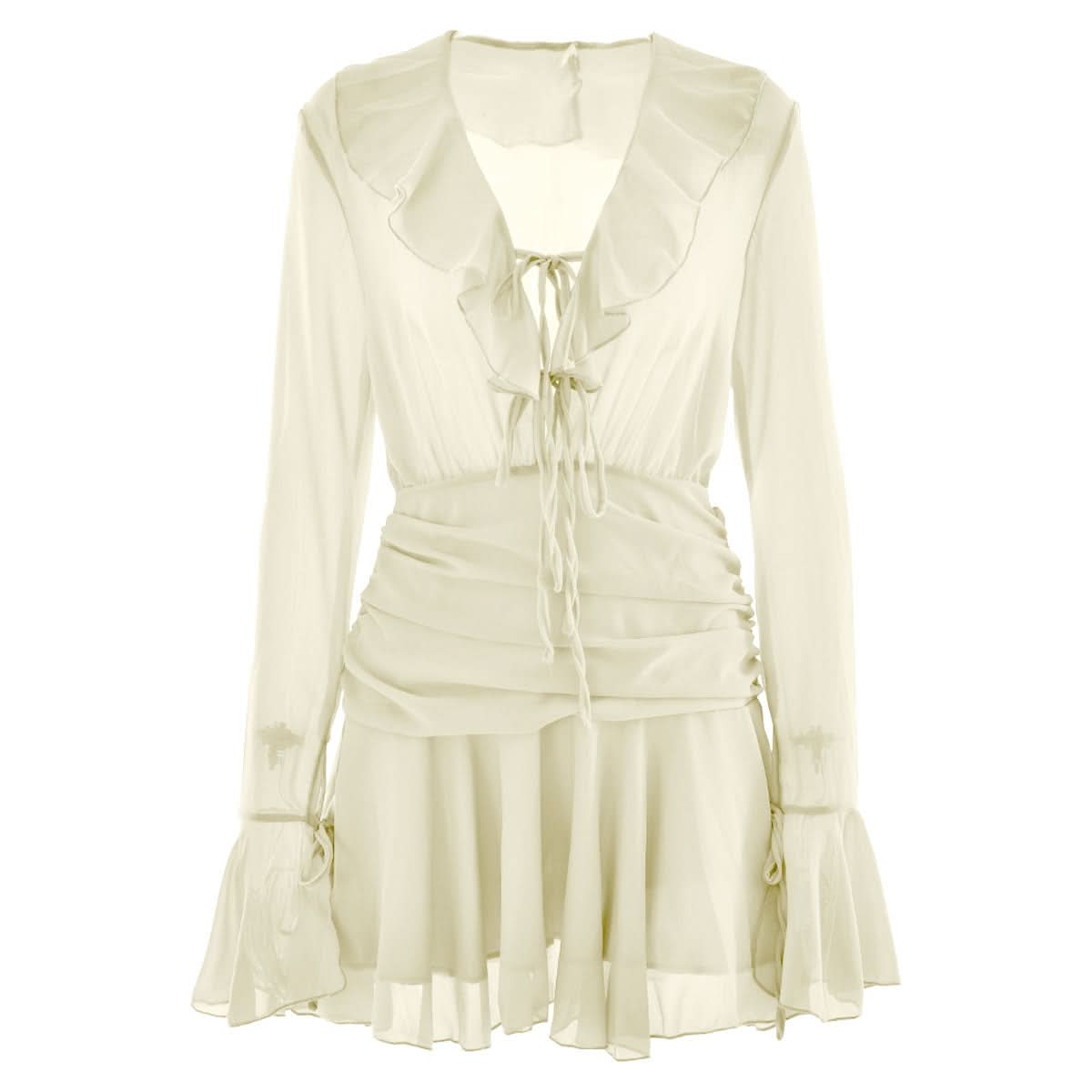 V neck long sleeve chiffon ruched ruffle mini dress