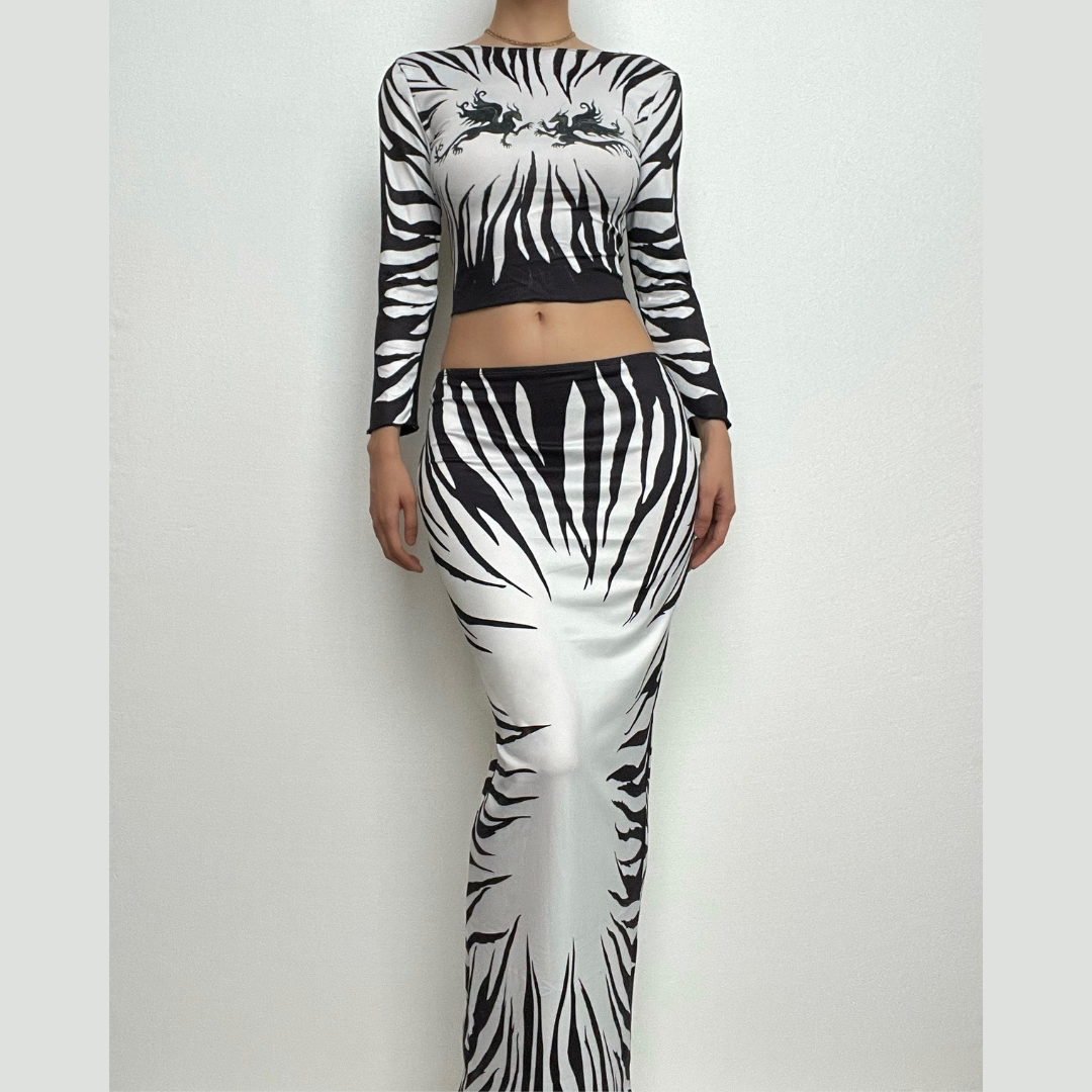 Abstract long sleeve contrast backless self tie maxi skirt set-final-sale