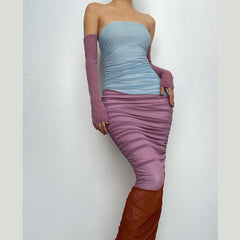 Mesh ruched contrast patchwork off shoulder maxi tube dress-final-sale
