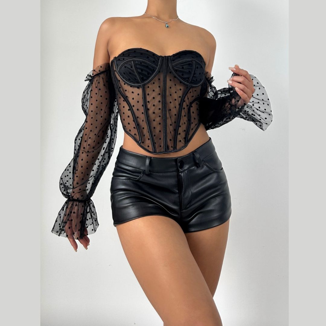 Long sleeve polka dot off shoulder corset top