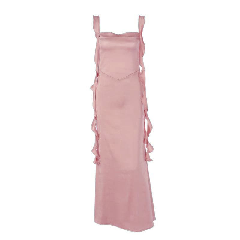 Cowl neck ruffle satin solid backless cami maxi dress