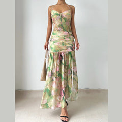 Ruched halter self tie print slit cami maxi dress