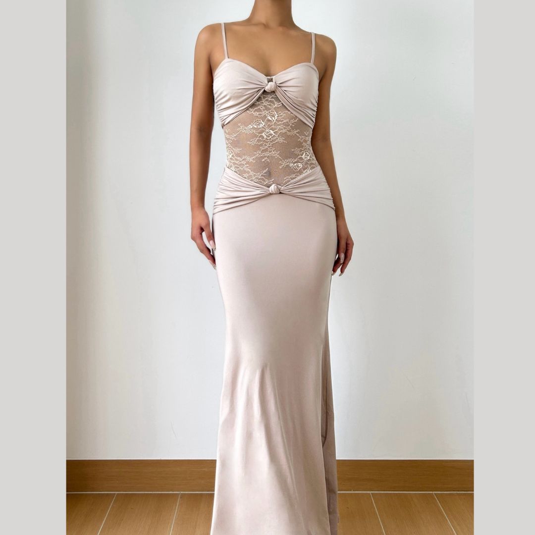 Ruched lace patchwork cami maxi dress