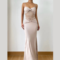 Ruched lace patchwork cami maxi dress