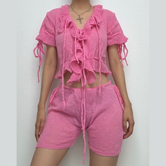 Short sleeve ruffle knitted drawstring ruched pant set-final-sale