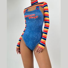 Long sleeve high neck letter pattern 2 piece bodysuit