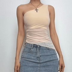Sleeveless one shoulder ruched ruffle mesh top