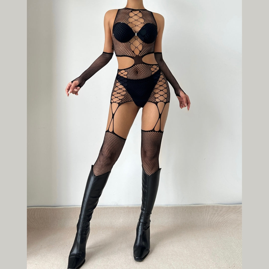 Crewneck gloves fishnet suspender bodystocking
