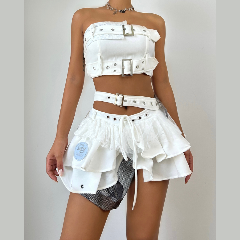 Irregular buckle patchwork lace mini skirt set