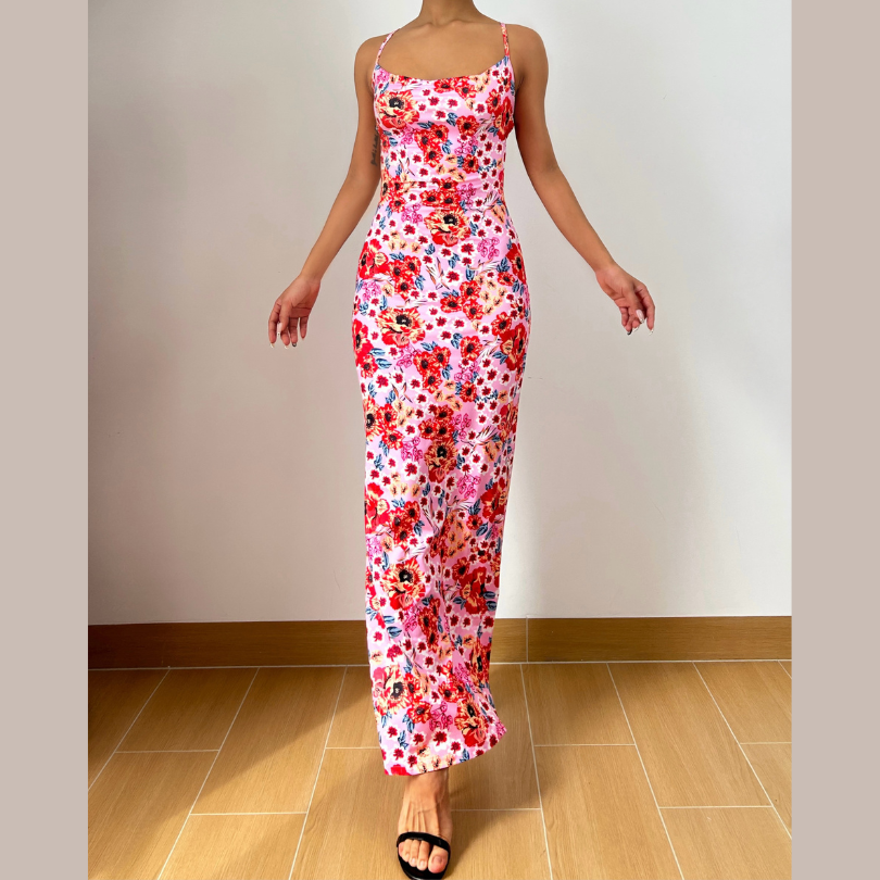 Cross back self tie flower print cami maxi dress
