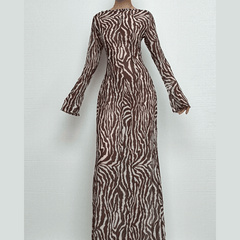 Sheer mesh see through zebra print long sleeve zip-up contrast maxi dress-final-sale
