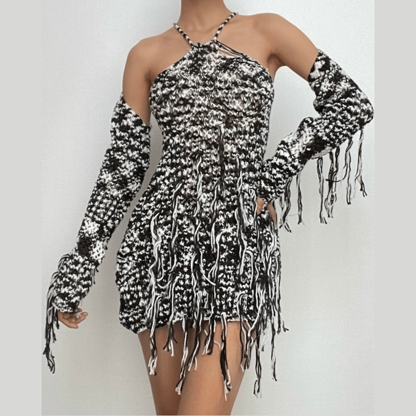 Long sleeve knitted tassels cross back contrast mini dress-final-sale