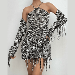 Long sleeve knitted tassels cross back contrast mini dress-final-sale