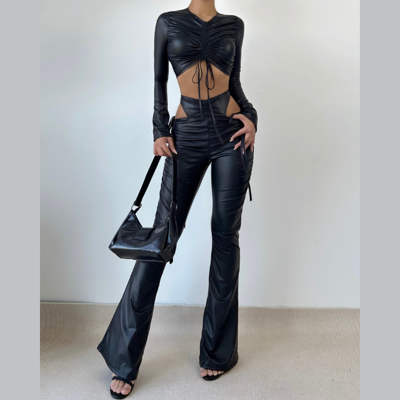 Long sleeve drawstring PU leather hollow out pant set
