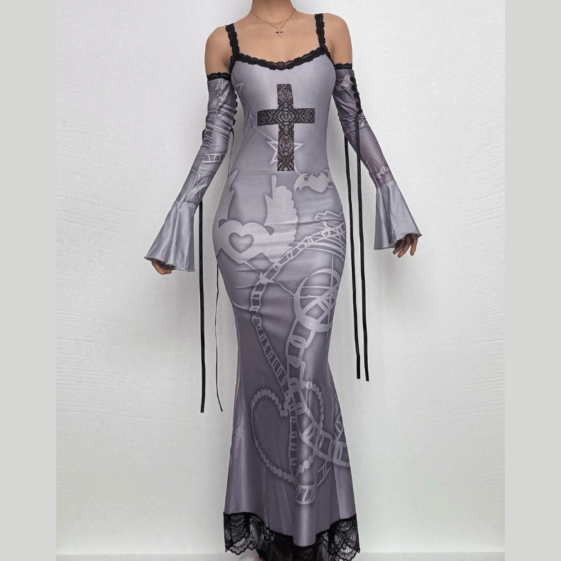 Long flared sleeve off shoulder cross print lace cami maxi dress-final-sale
