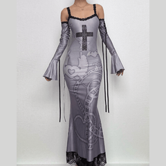 Long flared sleeve off shoulder cross print lace cami maxi dress-final-sale