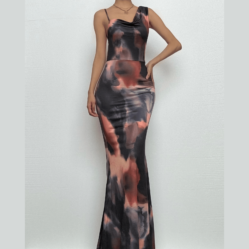 Cowl neck tie dye print backless cami maxi dress-final-sale
