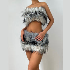 Fluffy metal chain tube mini skirt set