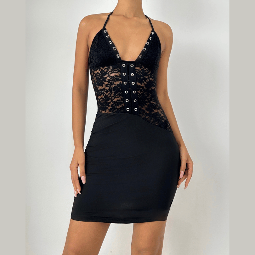 Halter self tie ruched lace v neck mini dress