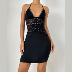 Halter self tie ruched lace v neck mini dress