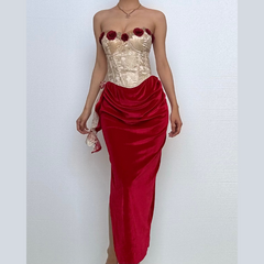 Sweetheart neck bustier flower applique contrast tube maxi dress