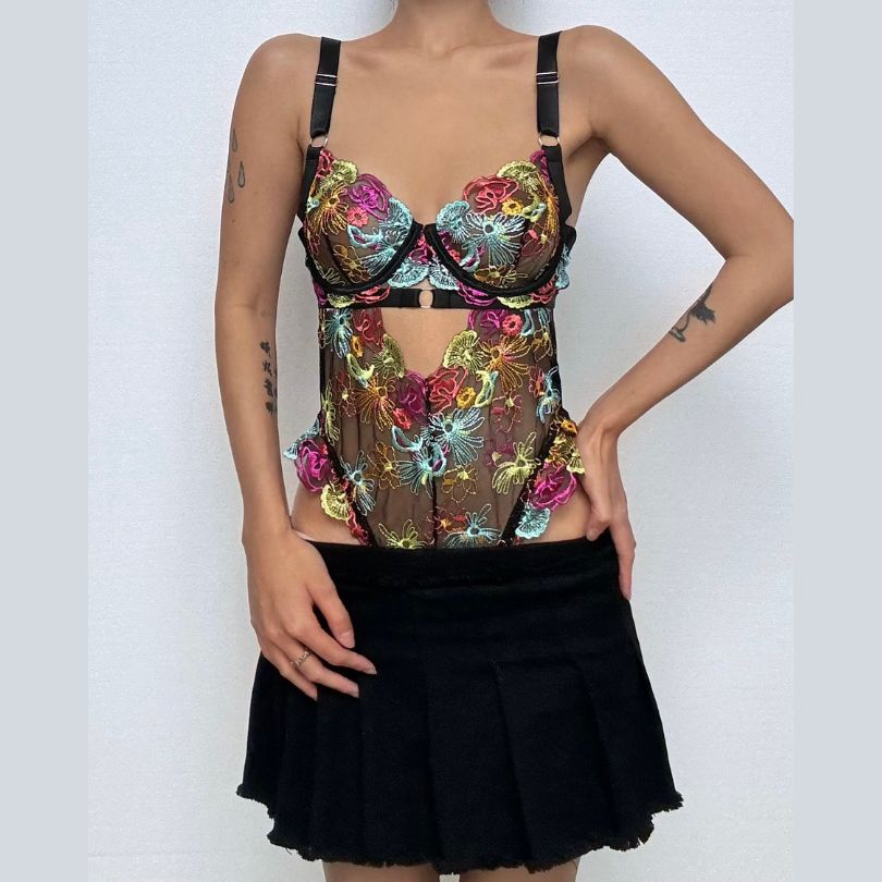 V neck hollow out embroidery cami bodysuit